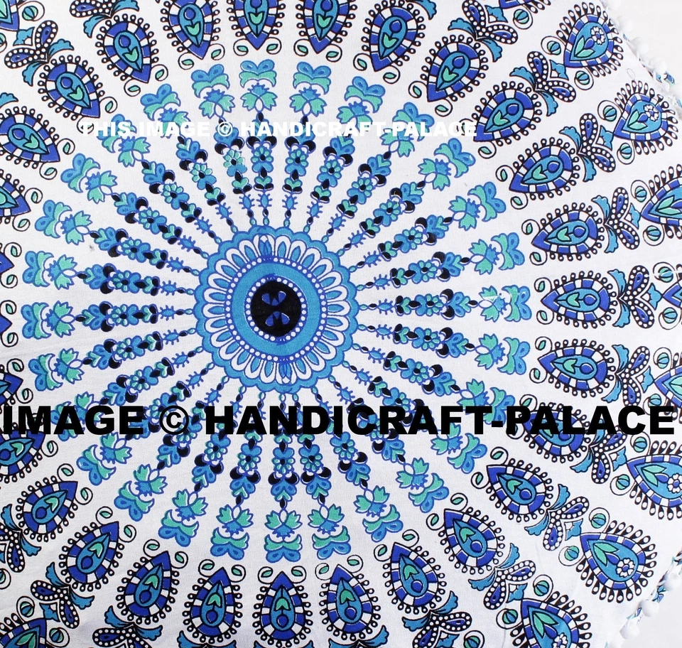 Almohada de piso blanca india puf taburete de pie pavo real mandala estampado pom otomana Foto 4 de 4