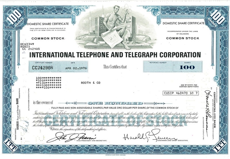International Telephone and Telegraph Corporation Stock Certificate