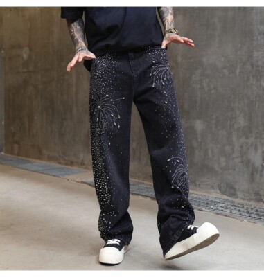 New Men Luxury Black Baggy Jeans Diamond Rhinestones Fashion High