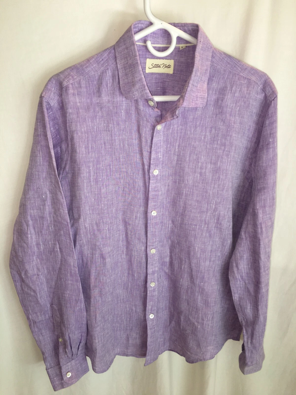 MENS PURPLE HEATHER STITCH NOTE 100% linen LONG SLEEVE SHIRT CASUAL SIZE L 46"
