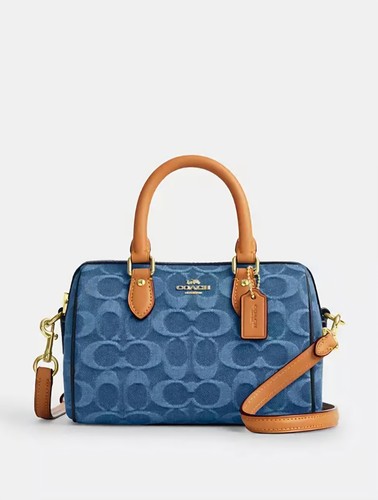 NUEVO CON ETIQUETAS COACH Mini Rowan Bandolera Firma Denim Logo Bolso de Mano CDQ36 - Imagen 1 de 9