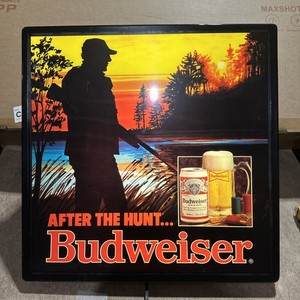 Vintage Budweiser Beer "After The Hunt" Lighted Black Box Sign 18”x18”