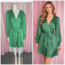Express Green Embossed Silky Wrap Midi Elastic Waist Cocktail Dress Size Medium