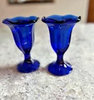 2 Vintage Anchor Hocking Sundae Fountain Ware Blue Footed Tulip Glasses USA