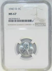 1943 D Lincoln Cent MS67 NGC BU Unc White Wheat Penny NGC Registry [803]
