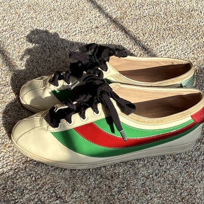 Gucci women s Low Top Lace-Up Sneakers Ivory Web Stripe Bee Heel Black Laces