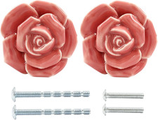 2 Pcs Pink Rose Drawer Pulls, Ceramic Flower Knobs  Decor Handles, For Drawer,