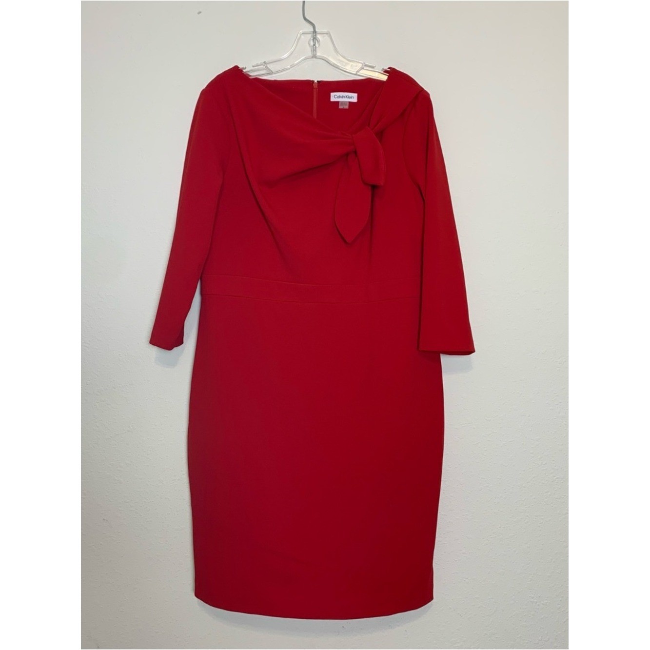 Calvin Klein Red Bow-Detail Sheath 3/4 Sleeves Dress Size 16 Career Formal