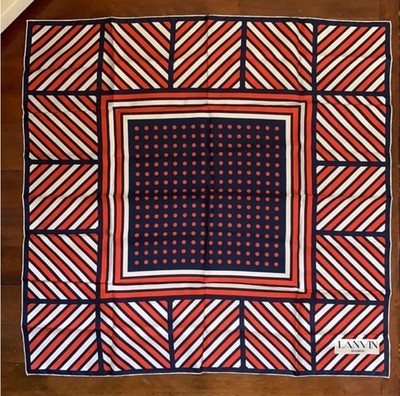 Vintage Lanvin Paris Silk Scarf Geometric Chevron Polka Dot Red Navy Made France