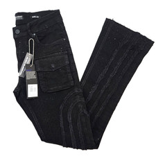 Black Light Men Jean Stretch Slim Straight Flare Fit Jet Black Denim Rhinestone