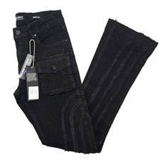 Black Light Men Jean Stretch Slim Straight Flare Fit Jet Black Denim Rhinestone