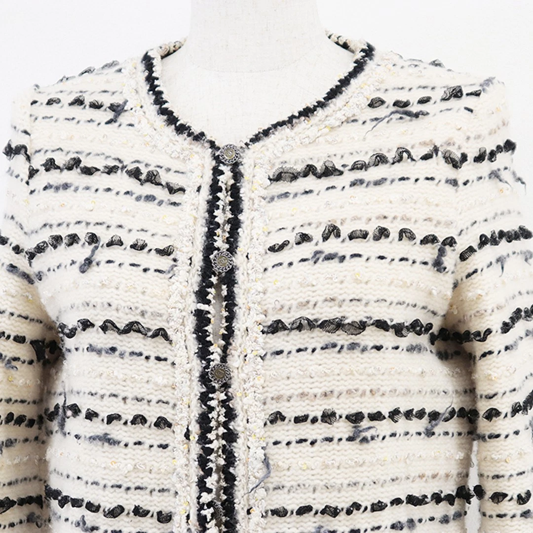 Giacca Chanel 05A P26658 maglia tweed paillettes lana cashmere firma logo Coco Mar