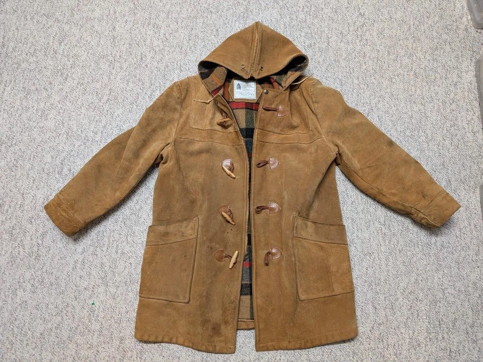 vintage DUFFLE COAT leather COWHIDE split suede 42 brown HOODED wool lined M - Image 4 of 4