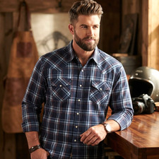 Vintage Plains Western Wear Mens XL Plaid Cowboy Shirt Blue Red Pearl Snap Shirt