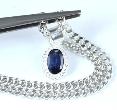 Natürlicher Blauer Saphir 3,90 Ct 8 mm Oval Anhänger Silber 925 Zertifiziert - Bild 1 von 4