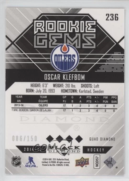 2014 Upper Deck Black Diamond Gems Star Rubies /150 Oscar Klefbom #236 Rookie RC - Image 2 of 2