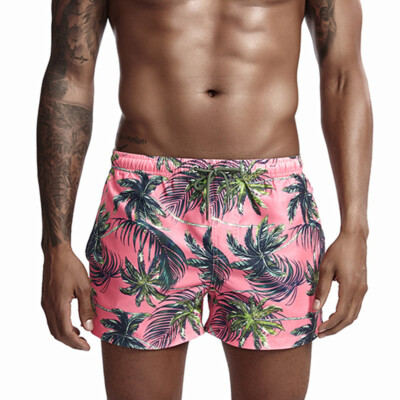 Seobean Men's Casual Beach Coconut Tree Shorts Surfing Drawstring Trunks Pink