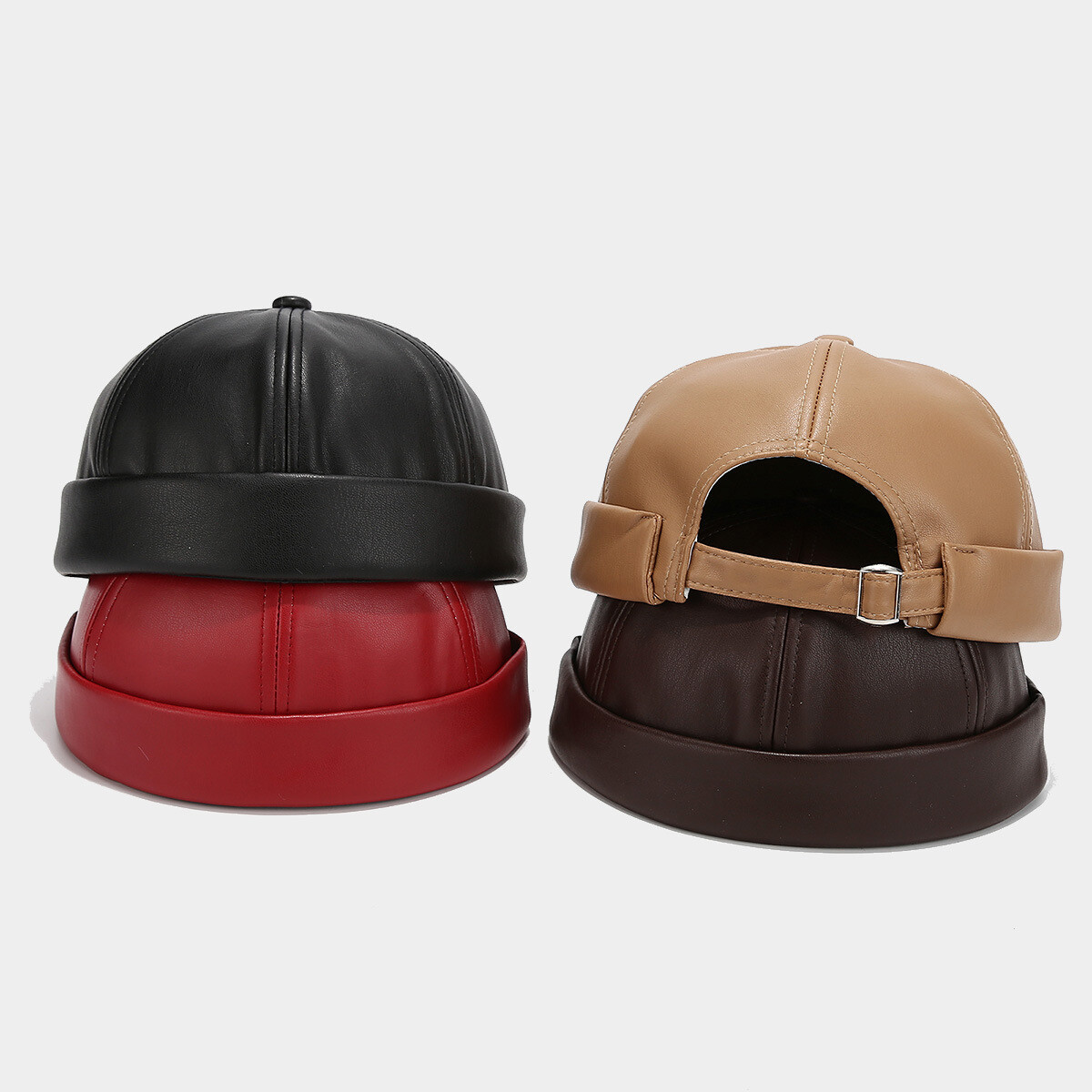 Unisex PU Leather Docker Cap Solid Round Top Brimless Hat Casual