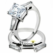 4.45 Ct Emerald Cut Zirconia Stainless Steel Engagement Wedding Ring Set Sz 5-10