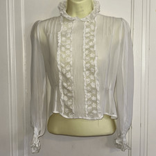 Antique/vintage white chiffon semi sheer long sleeve blouse with lace  pleats