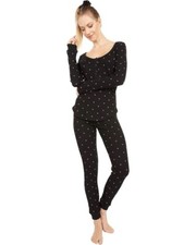 Plush Thermal Heart Pajama Set Women's S Black Printed Cotton Scoop Neck ERK1329
