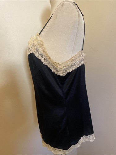 Vtg. Worthington Sz.Large Black Satin Cami Cream Ivory Lace Trim Top Camisole - Picture 4 of 16