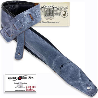 Walker & Williams C-22-BLU 3'' Wide Padded Leather Premium Strap In Washed Denim