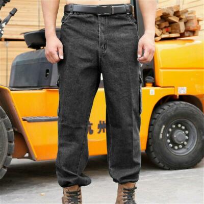 Mens Workwear Straight Jeans Loose Cargo Denim Pants Combat Pockets Trousers