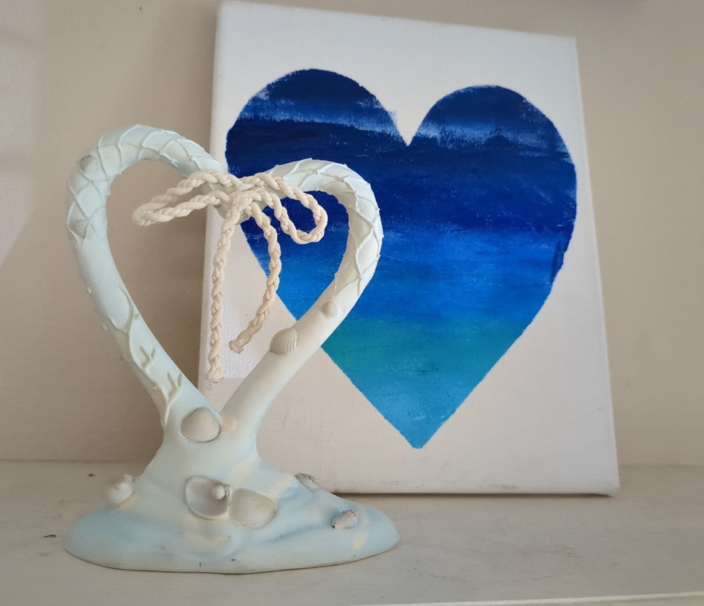 Beachy heart wall hanging and heart shelf sitter LOVE Bojo art