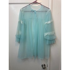Vintage Movie Star Blue Sheer Lace Trim Ruffle Sleeve Peignoir Robe Medium