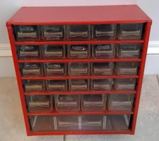 Vintage Red Metal Industrial 25 Drawer Parts Cabinet Organizer