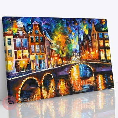 Leonid Afremov Brücken Amsterdam buntes Gemälde Leinwand Wandbild gerahmter Druck