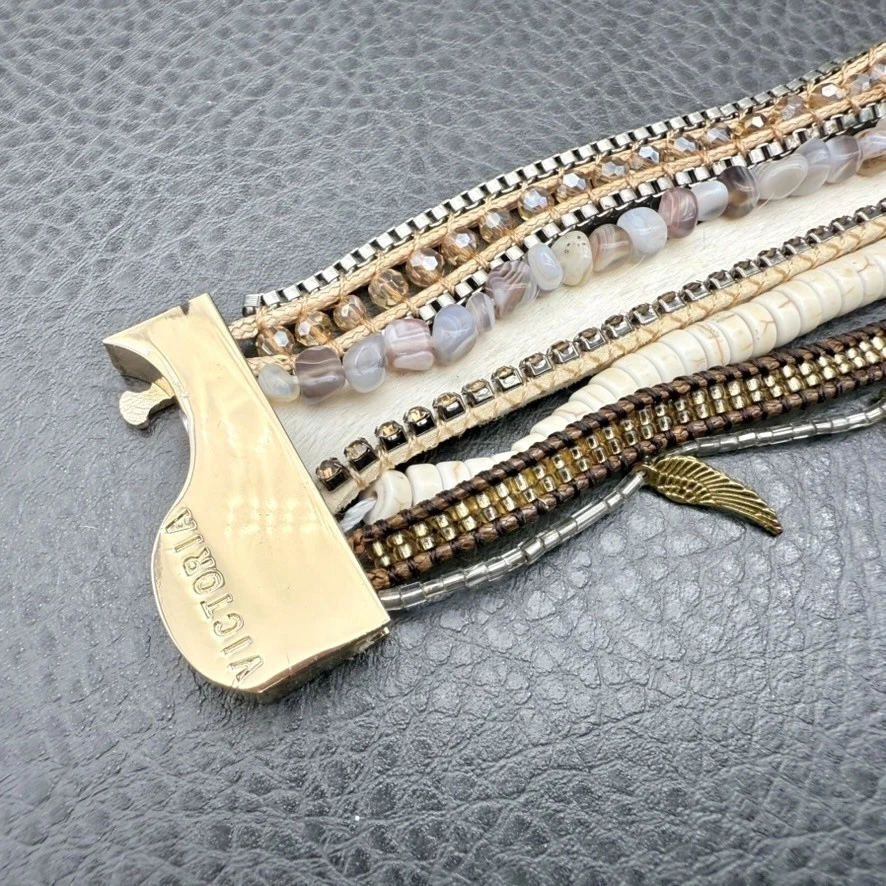 Emerson Victoria Bracelet Gold Tone Beaded Agate Shell Boho Layered Cuff 8 Inch - Image 3 of 4