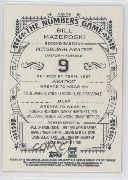 2016 Topps Allen & Ginter The Numbers Game Bill Mazeroski #NG-78 HOF - Image 2 of 2