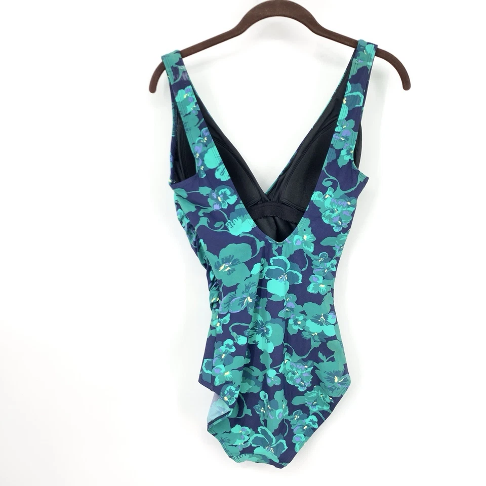 LL Bean Women Size 8 LONG Bathing Suit One Piece Shaping Swimwear Blue Floral - Image 4 of 4