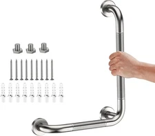 L-Shaped Angled Grab Bar 12x16 Inch Brushed Nickel Anti-slip Knurled Shower H...