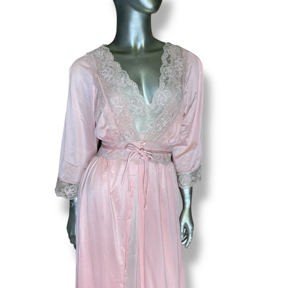Conjunto de bata y camisón vintage de dos piezas lencería rosa M ribete de encaje con lazo trasero Foto 2 de 4