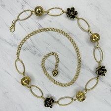 Black Rhinestone Flower Gold Tone Chain Link Belt Adjustable One Size OS 
