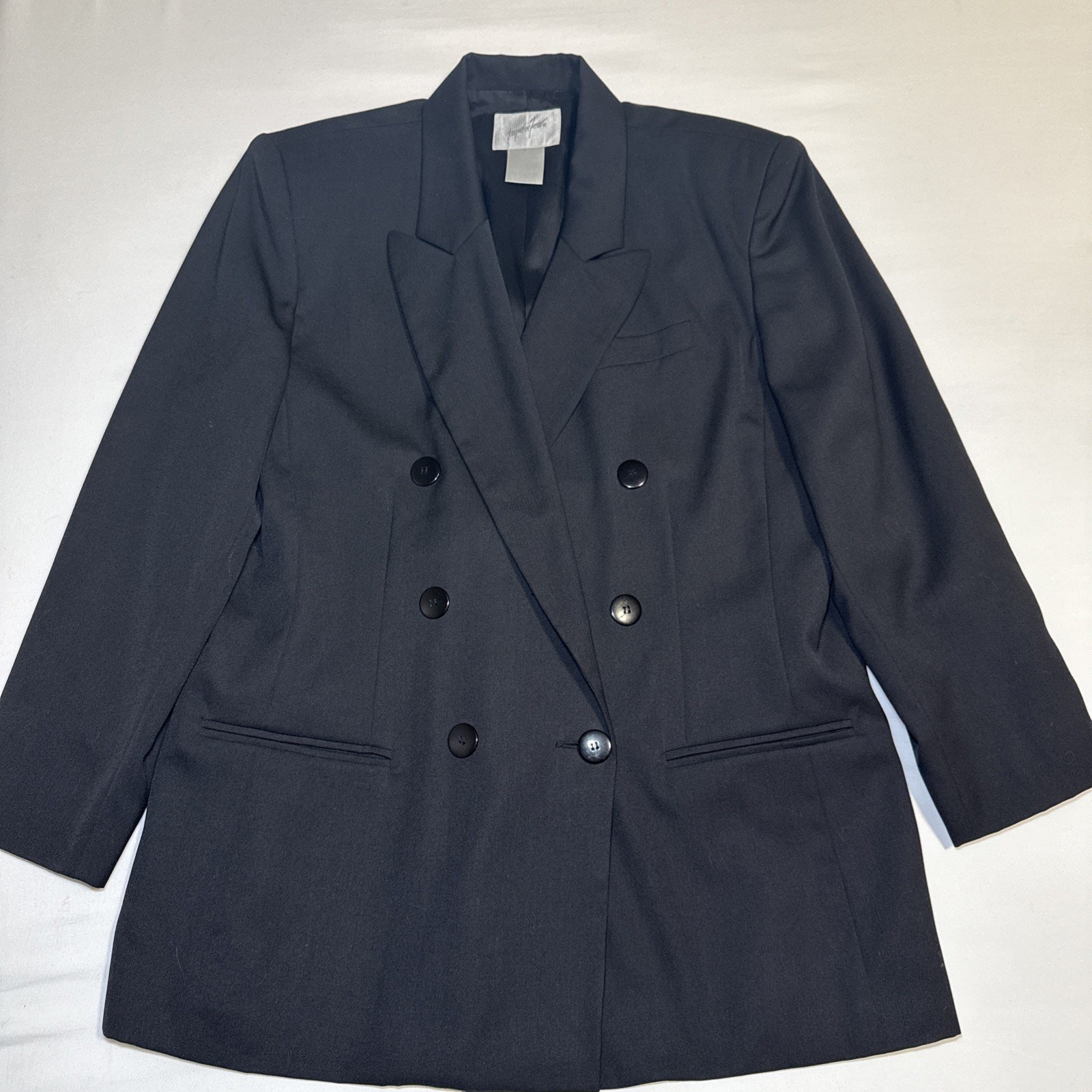 VTG Jacqueline Ferrar Wool Blend Black Blazer Womens Double Breast Jacket Sz 16