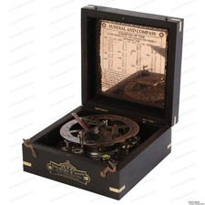 5-Inch Engraved Brass Sundial Compass with Black Wooden Case Large Vintage ...