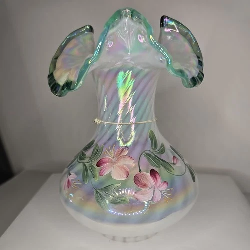 Fenton Museum Collection French Opalescent Spiral Optic Vase Azaleas Signed