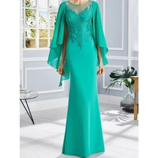 Turquoise Mermaid Lace Chiffon Flare Sleeves Applique Mother of the Bride Dress