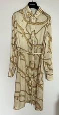 Versace Gold Chain Print Midi Blouse Dress with Medusa Belt, Made in Italy