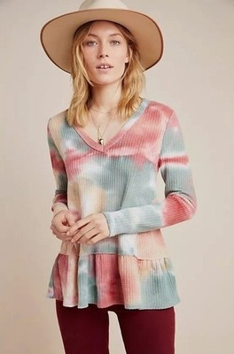 Anthropologie Eri + Ali Tie Dye Waffle Knit Long Sleeve Peplum Top Size M Shirt