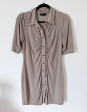 Spense Beige Solid Collared Button Front Ruched Shirt Dress Short Sleeve 8