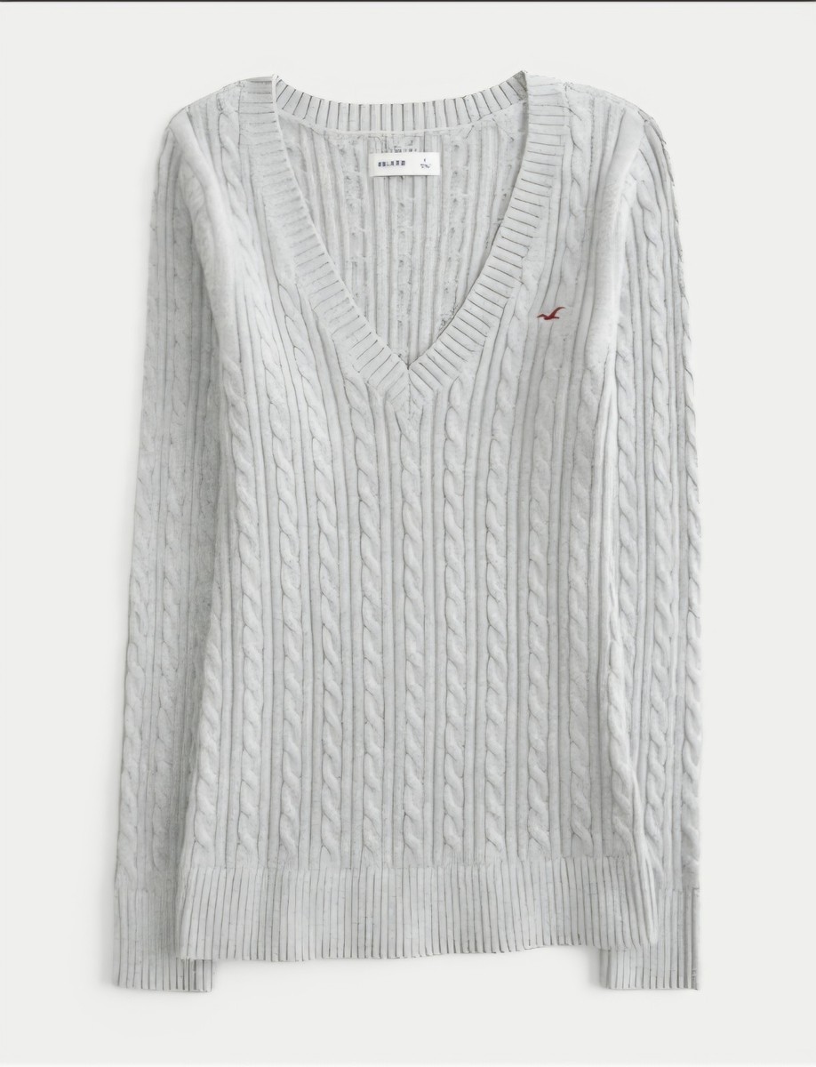 Hollister Cable-Knit Icon V-Neck SweaterLIGHT HEATHER GREY, M | eBay