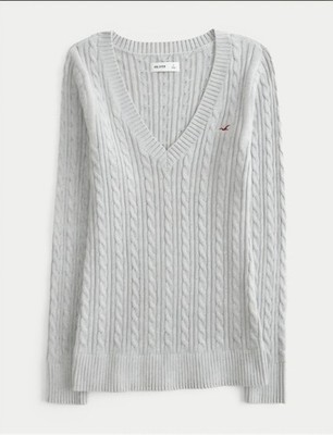 Hollister Cable-Knit Icon V-Neck SweaterLIGHT HEATHER GREY, M | eBay