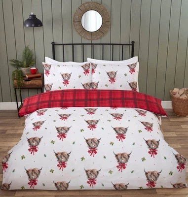 RAPPORT Tartan Check Highland Cow Duvet Cover Reversible Quilt Cover Bedding Set King