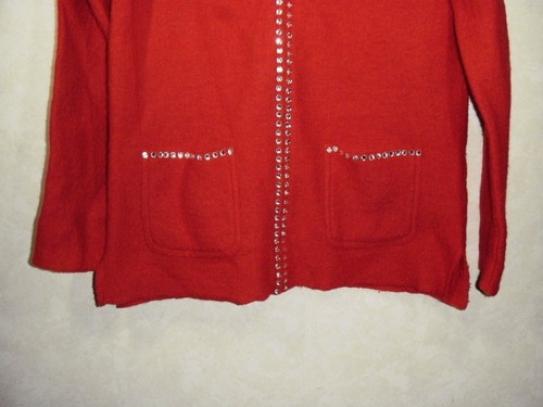 Quacker Factory Cardigan Sweater Women M Red Wool Full Zip Collared Embellished - Picture 13 of 15