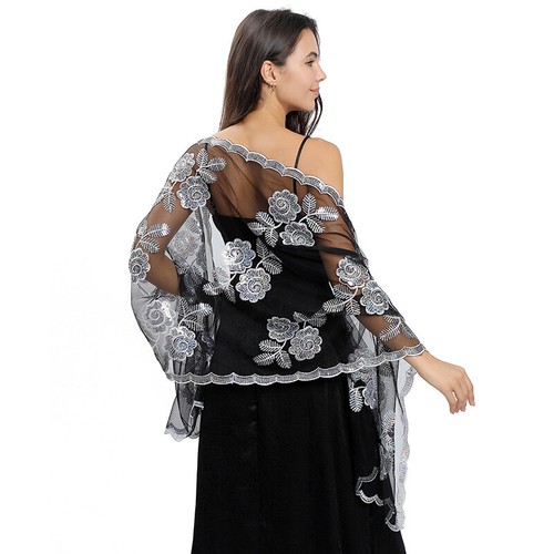 Women Peony Flower Sequins Embroidered Shawl Bride Wedding Evening Shawl Scarf - Picture 9 of 26